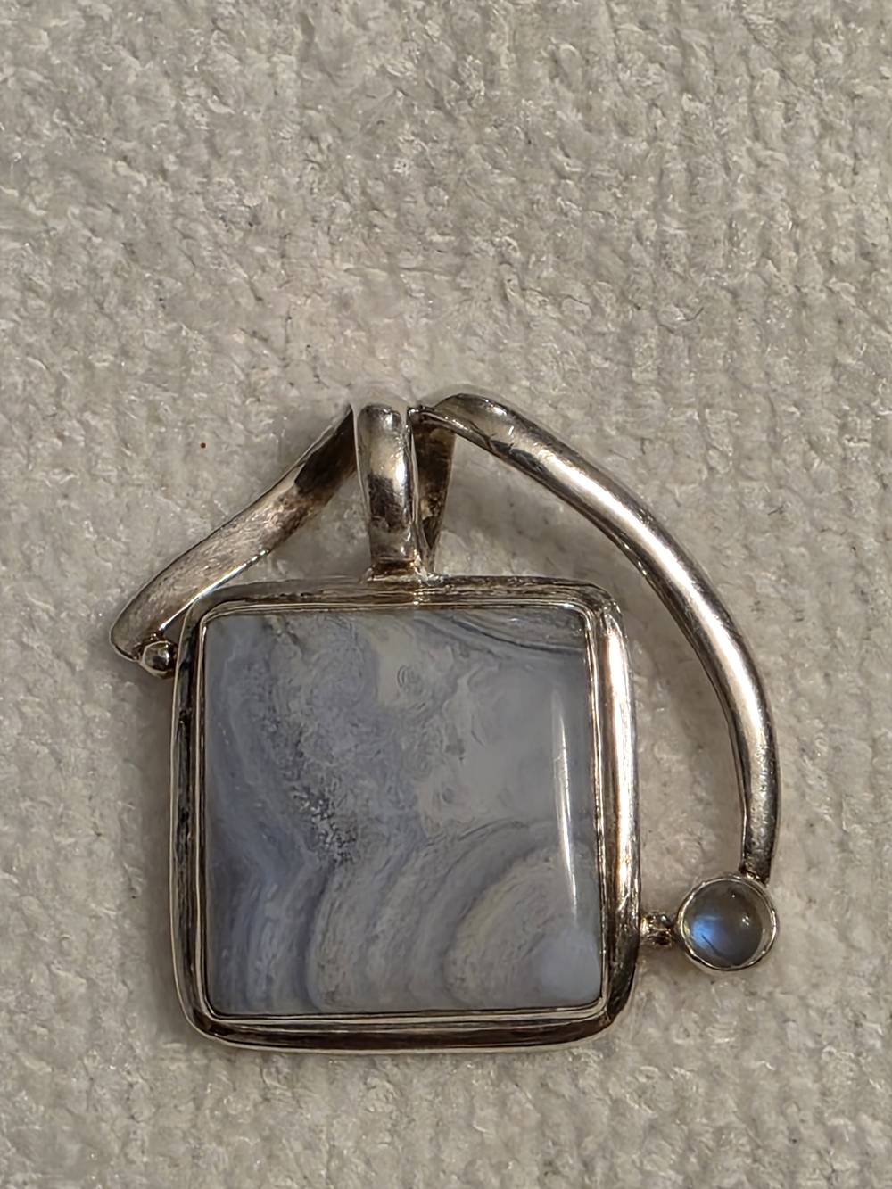 Sterling Silver Square Blue Lace Agate Pendant with Moonstone Accent